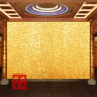 金色祥云壁纸中式立体电视背景壁画酒店大堂寺庙佛堂壁纸神台墙布