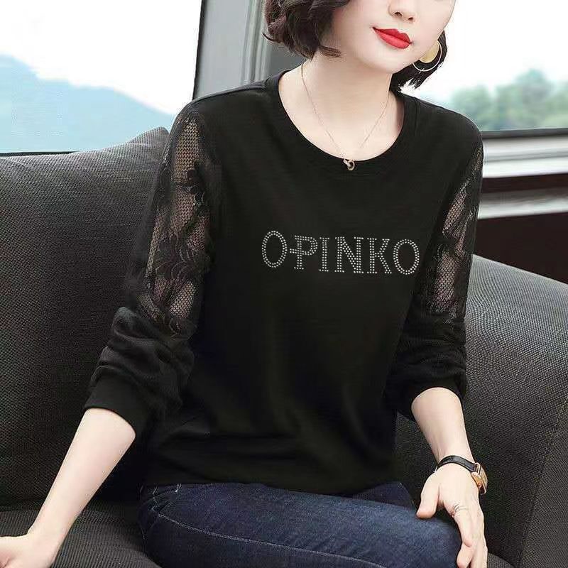 2025 New Spring and Autumn Coat Long-sleeved T-shirt Women's Lace Western-style Base Shirt plus size for Middle-aged Mothers