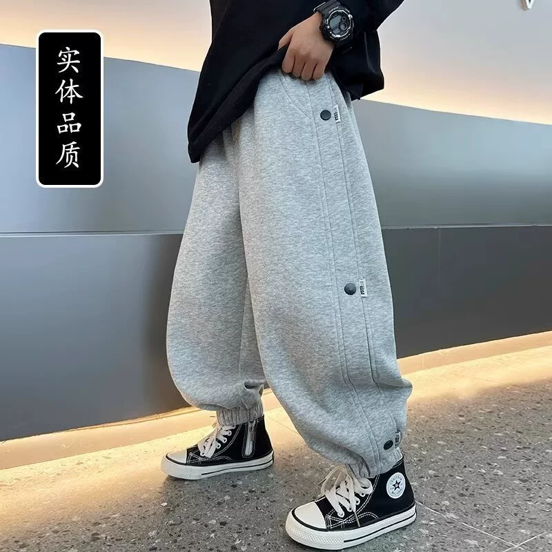 Прямые брюки для мальчиков Серые бархатные спортивные брюки осенне-зимний мальчик 2024 новые детские свободные широкие брюки