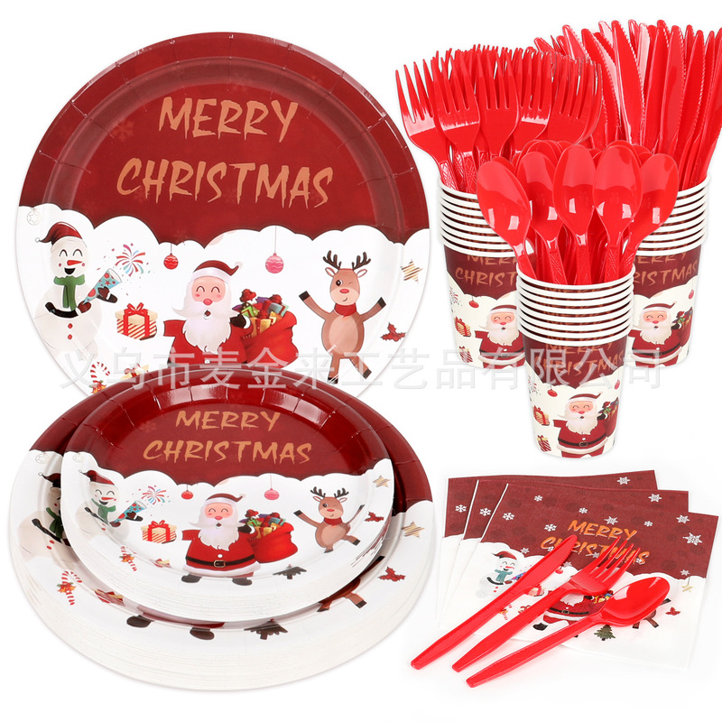 Christmas Party Plates Santa Claus Themed Disposable Tableware Set Paper Plates Knives Forks Spoons Holiday Supplies