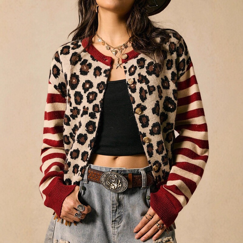 Cross-border hot-selling autumn and winter new European and American women's fashion round-neck knit sweater, striped off-shoulder leopard print long-sleeve cardigan for women Cross-border hot-selling autumn and winter new European and American women's fashion round-neck knit sweater, striped off-shoulder leopard print long-sleeve cardigan for women