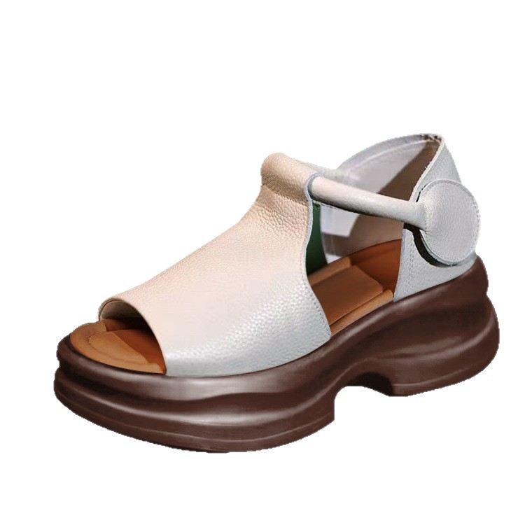 Sandalias de suela gruesa de verano, zapatos de boca de pez de punta abierta de tacón grueso para mujer 2025 nuevos zapatos romanos de tacón con velcro de cuero suave