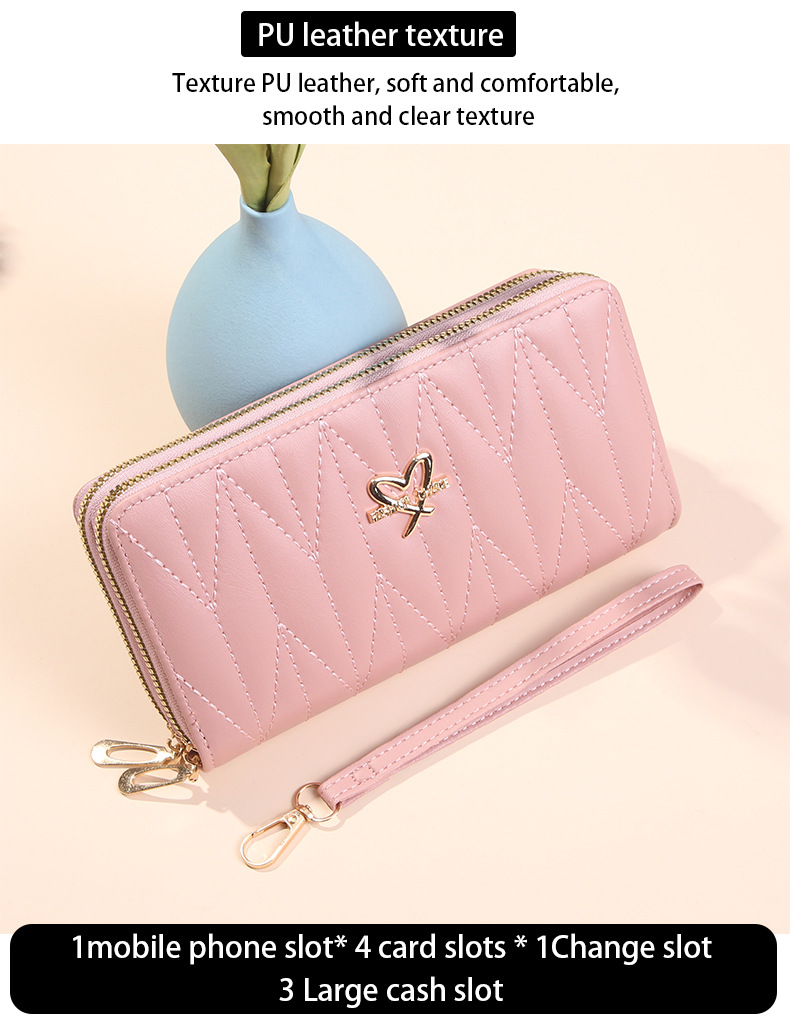 165g Weight Polyester Lining Material Zipper Closure Type Long Wallets Bags Type 1 Piece Quantity Daily Occasion Pu Leather Material Heart Shape, Solid Color Pattern All Seasons Season Women's Gender Simple Style Style Square Shape Women's Heart Shape Solid Color Pu Leather Zipper Long Wallets 3