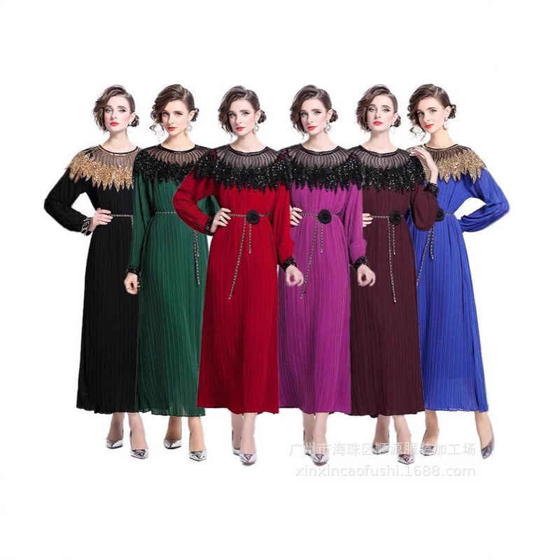 2025 Spring/Summer Heavy Beading Gown Dress with Lantern Sleeves, Pleated Loose Long Dress for Petite Women, Very Beautiful