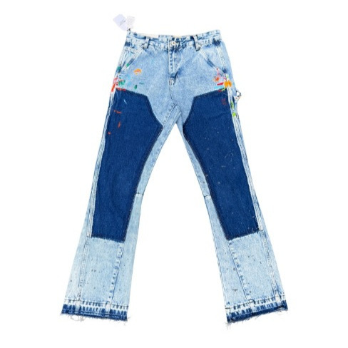 Men's Dept Blue Loose Jeans Streetwear High-Quality Ripped Painted Layered Loose Long Jeans