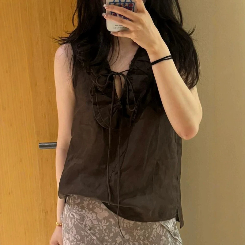 Trendy and Unique Beautiful Tops for Women 2026 New Hot-Selling Summer Design with Great Aesthetic Appeal Coffee-Colored Linen Vest