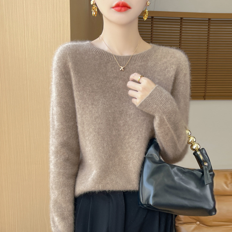 [Ready Stock] 100% Wool Sweater with Skin-Friendly Feel, Round Neck, Solid Color, Pullover, Warm Long-Sleeve Cashmere Sweater for Women