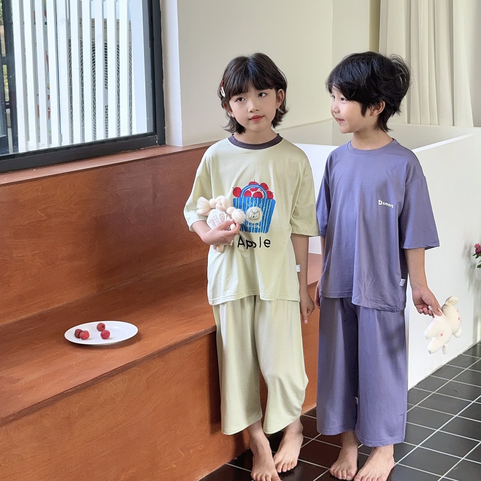 Pijamas para niños, pantalones cortos para niños y niñas delgados de verano, seda de hielo, aire acondicionado para padres e hijos, ropa para el hogar, trajes para niños grandes