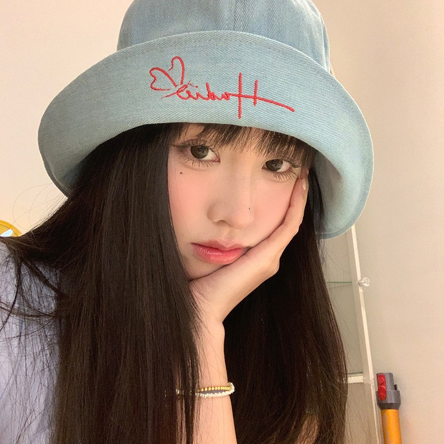 日系字母翻檐牛仔渔夫帽女春夏大帽檐遮阳帽女复古做旧时尚百搭