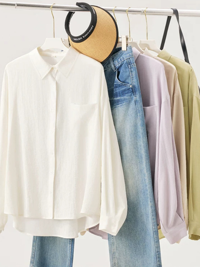 Áo sơ mi nữ linen dài tay mùa hè form rộng chống nắng phong cách lười biếng — Gạo sợi gai, Xanh lá cây nhạtcolor, Khoai tây tím, Bột sương mù ngó sen