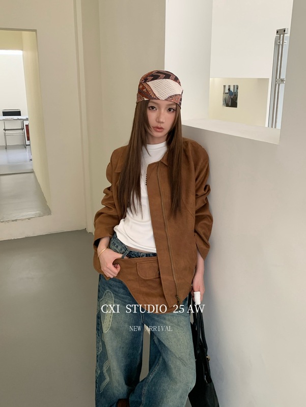 CXI 复古麂皮夹克女秋季新款美拉德上衣小众棕色外套宽松机车上衣|undefined