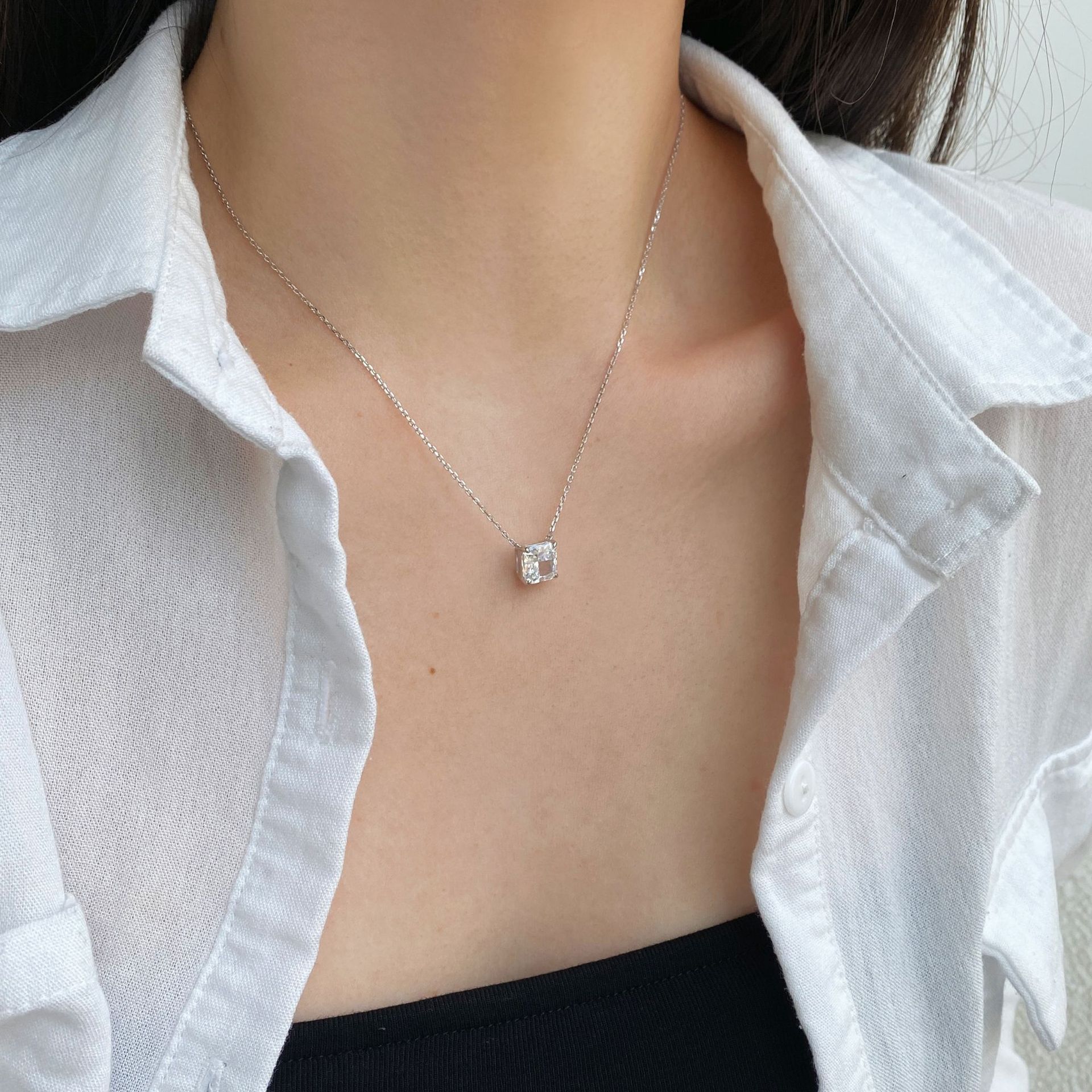925 Sterling Silver Material 925 Sterling Silver Zircon Cable Chain Plating Inlay Square Necklace