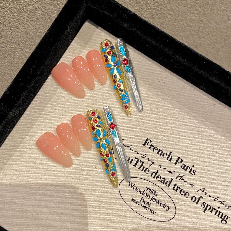 Decent Armor Fugui Turquoise Palace Wind Empress Xifei Nail Art Naked Color Super Long Heavy Industry Carved Dressing Armor