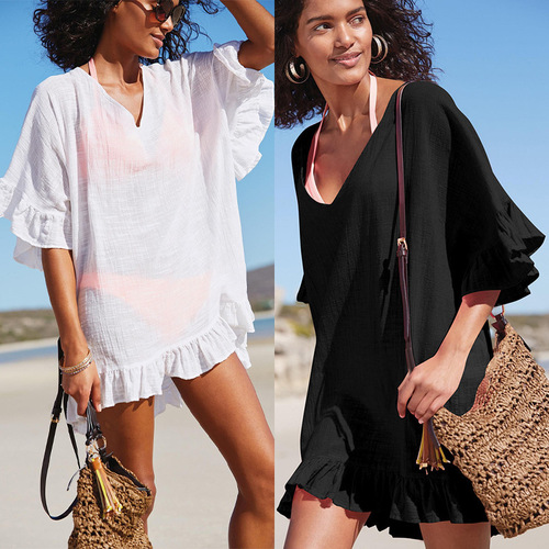 Summer UV Protection Women's Solid Color Sun Protection Shirt V-Neck Bikini Cover-Up Loose Shirt