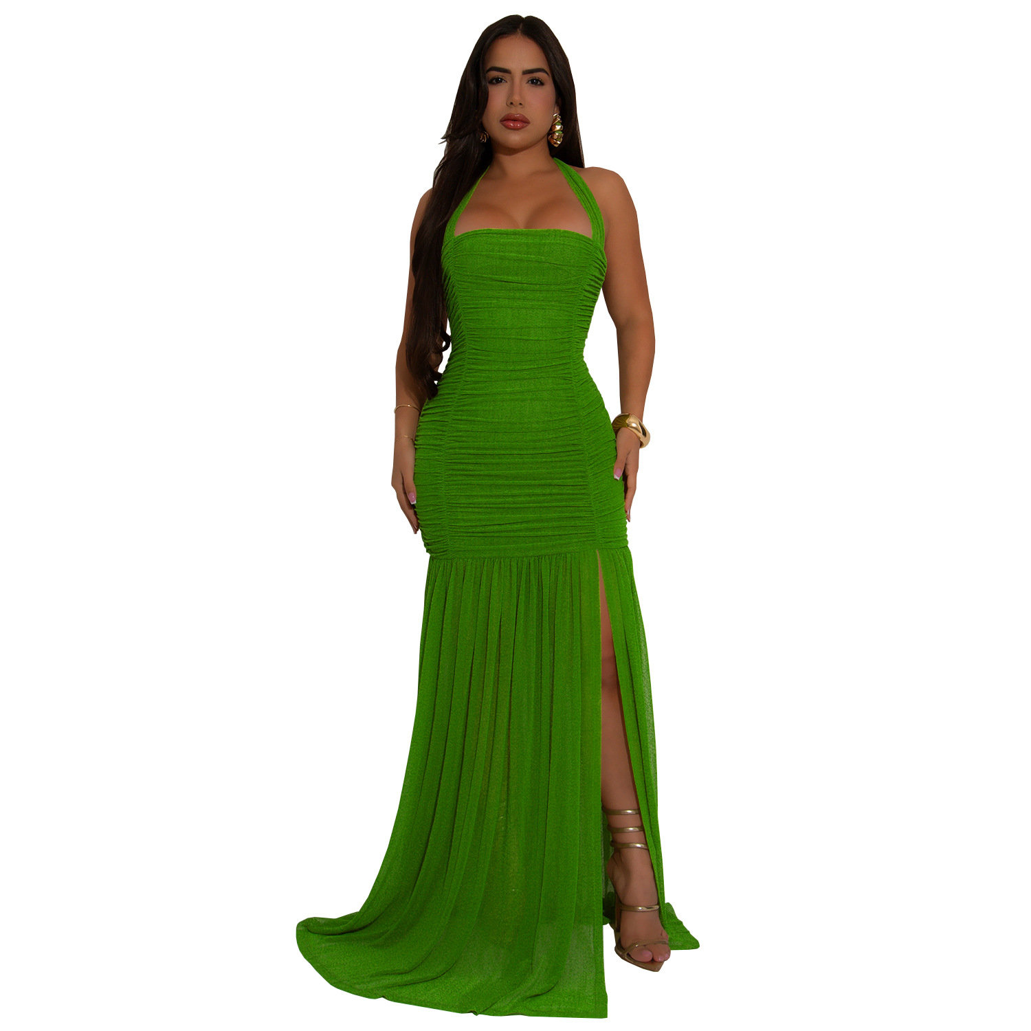 C7398 Cross-border AliExpress Amazon Ropa de mujer de moda europea y americana Vestido de color sólido sexy con hilo de red de verano