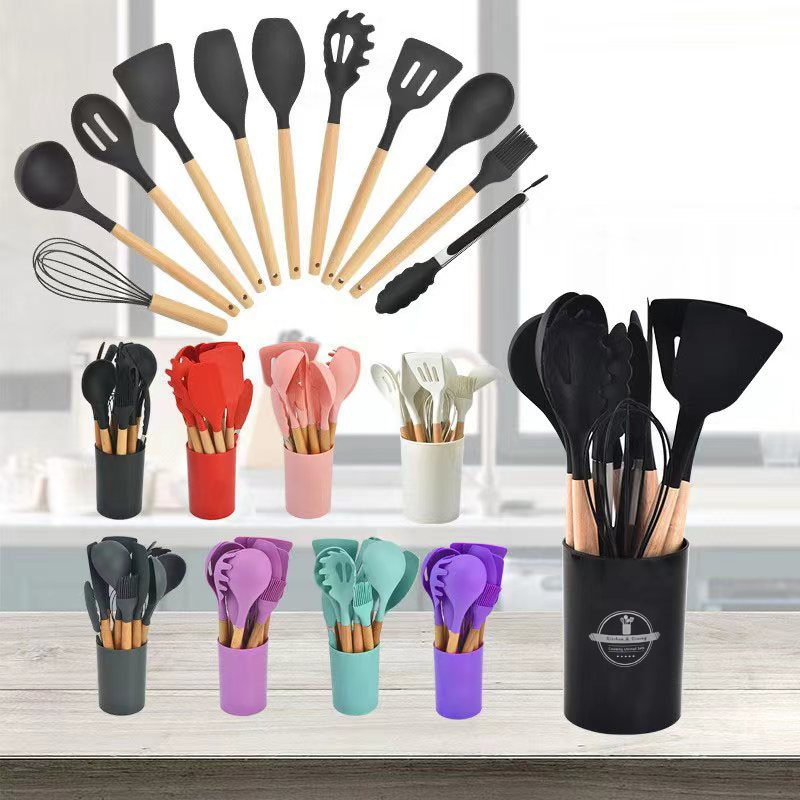 Una olla antiadherente mango de madera cocina de silicona 12 piezas set cocina barril de almacenamiento cocina de silicona 12 piezas set