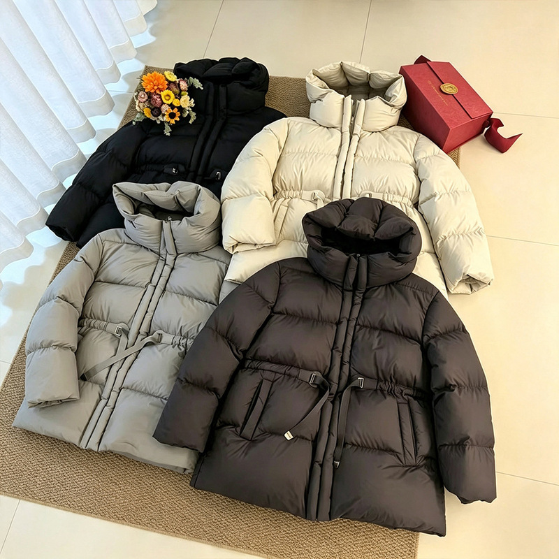 2026 Autumn/Winter New Fashionable Thick Hooded Down Jacket with Drawstring Waist, White Duck Down Women's Winter Coat