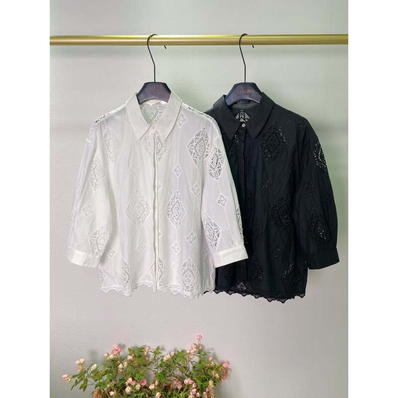 Bohemian Style~2-Color Vintage Diamond-Shaped Embroidered Hollow Lace Shirt with Three-Quarter Sleeves and a Turn-Down Collar, Elegant and Age-Reducing Top Bohemian Style~2-Color Vintage Diamond-Shaped Embroidered Hollow Lace Shirt with Three-Quarter Sleeves and a Turn-Down Collar, Elegant and Age-Reducing Top