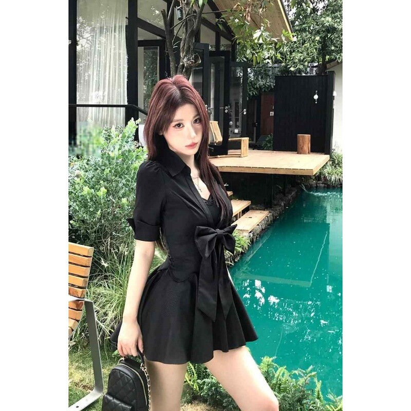 大码胖mm黑色辣妹风收腰连衣裙夏季新款绝美气质显瘦短袖蕾丝裙子|undefined