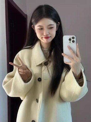 Korean Women's New Autumn and Winter Yellow Placket Double-Faced Woolen Coat Thick Medium-Length Wool Outerwear