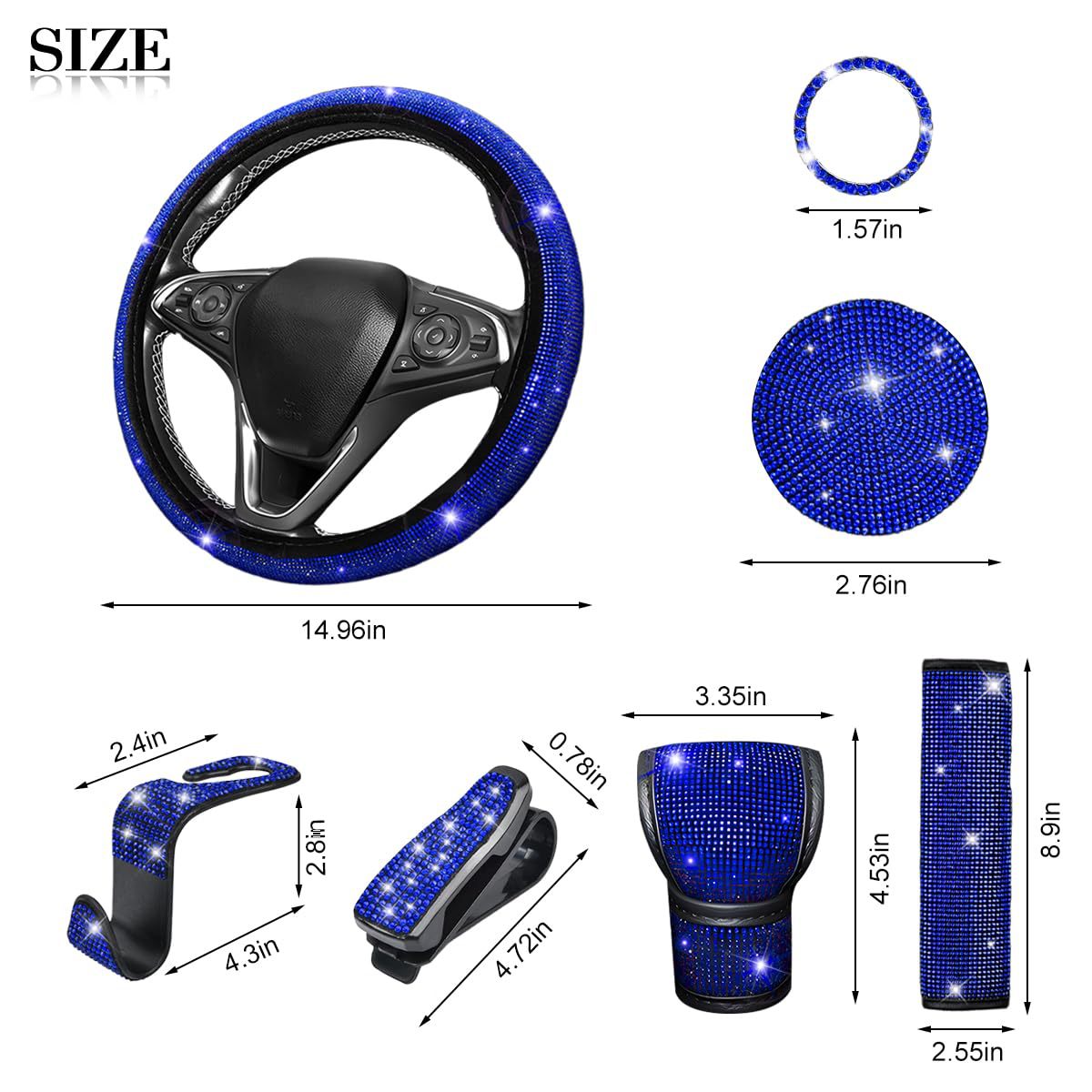 11-Piece Car Interior Set with Diamond-Encrusted Steering Wheel Cover, Car Hook, Glasses Holder, One-Touch Start Ring