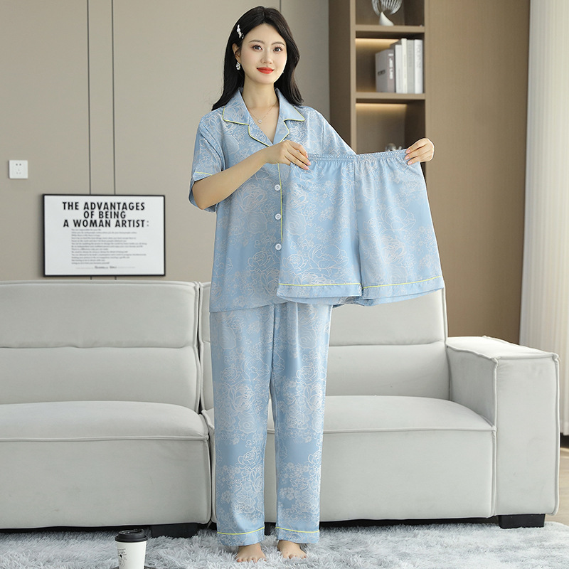 라이트 블루 피치 블라썸 자카드(반소매, 바지, 반바지)