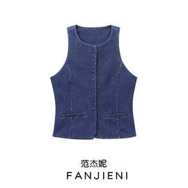 ZR外贸批发 欧美风女装新款时尚衬纽扣饰无袖圆领牛仔背心6164197