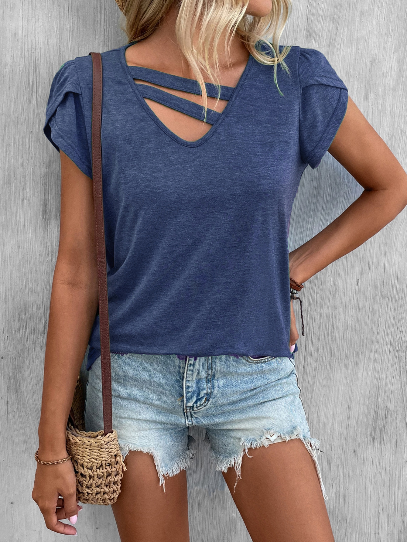 Patchwork, Hollow Out Design Casual Style Wholesale Women'S Casual Solid Color Short Sleeve Patchwork Hollow Out T-Shirts