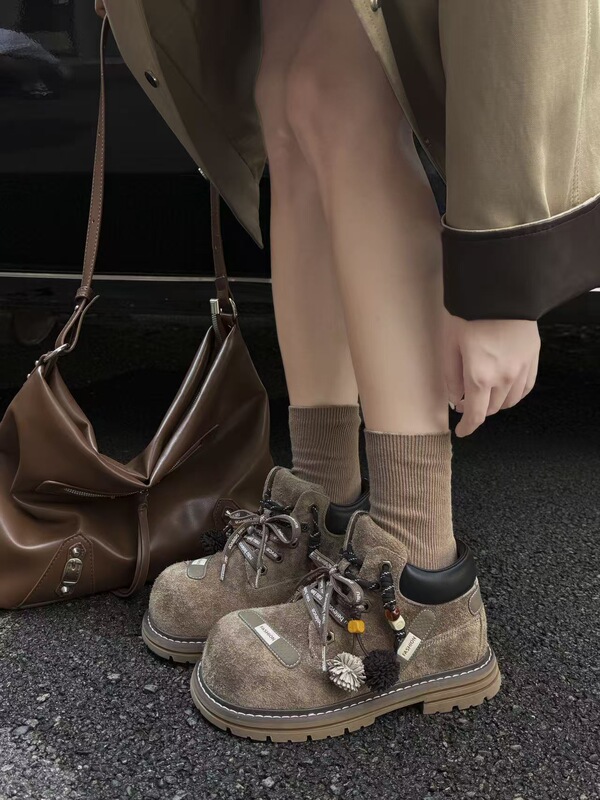 欧货2025新款磨砂真皮系带流苏大头丑萌工装马丁靴机车靴短靴女鞋|undefined