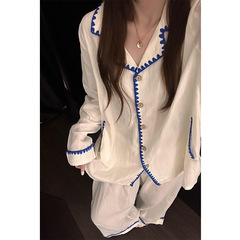 韩系撞色开衫睡衣女夏季2025新款大码温柔慵懒风家居服套装可外穿