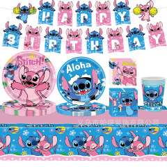 新しい子供のステッチ漫画パーティー誕生日装飾用品ステッチ紙皿ティッシュテーブルクロス旗アレンジメント