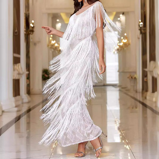 European and American Foreign Trade Women's Clothing Amazon Elegant Sexy Tassel Round Neck Dress Wedding Party Carmel Ball Dress