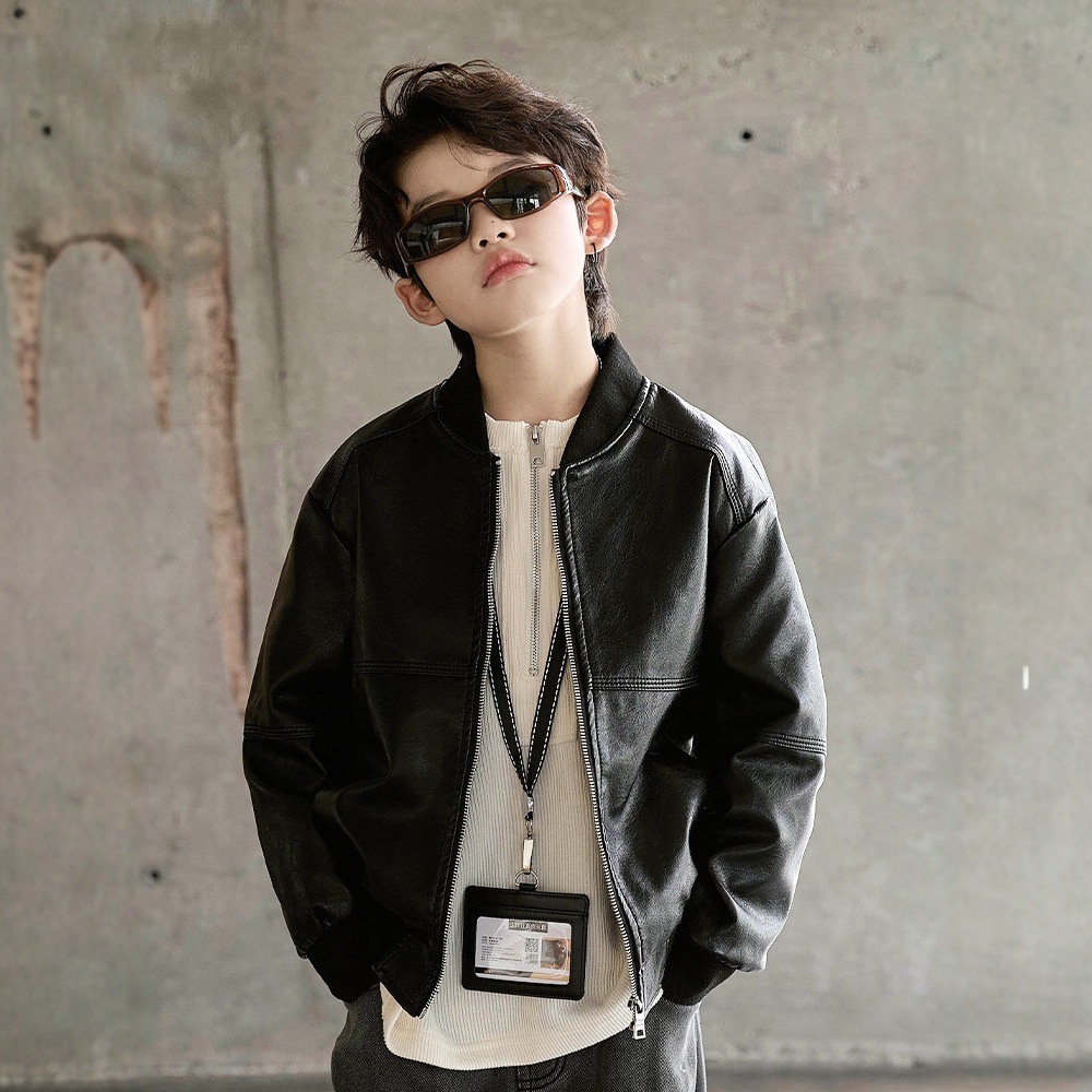 Boys' leather jacket, spring and autumn style, 2026 new Korean style, trendy and cool motorcycle jacket, children's PU leather jacket