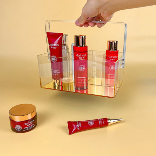 Custom Acrylic Handheld Storage Box Desk Cosmetics Divided Box Gold Mirror Acrylic Handheld Storage Box