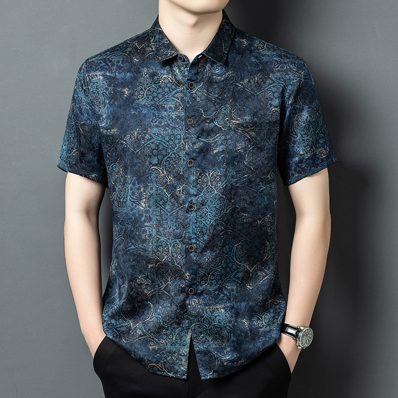 Áo sơ mi nam ngắn tay lụa Tang Silk phong cách Trung Hoa họa tiết vân sa — Xanh da trời26651