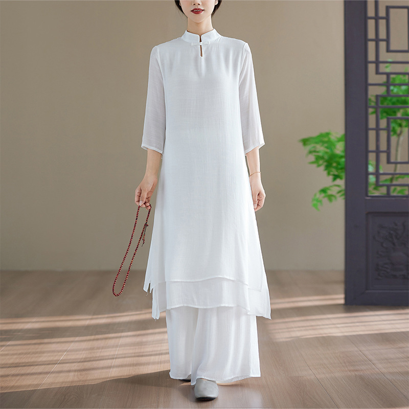 Real Shot of the New Double-Layered Zen-Style Meditation and Practice Clothing Set, Two-Piece Traditional Chinese Style Yoga and Tea Attire Fashion Set for Women Real Shot of the New Double-Layered Zen-Style Meditation and Practice Clothing Set, Two-Piece Traditional Chinese Style Yoga and Tea Attire Fashion Set for Women