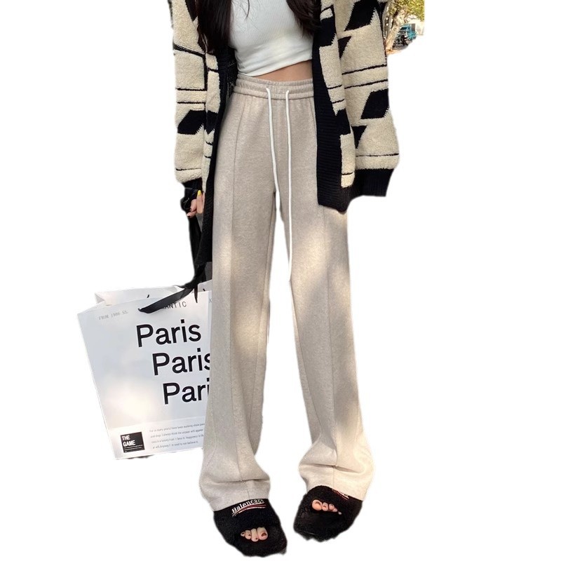 Pantalones rectos de lana gris para mujeres 2024 otoño y invierno de cintura alta pantalones de piernas anchas de edición estrecha pantalones casuales de trajes gruesos a herringbone