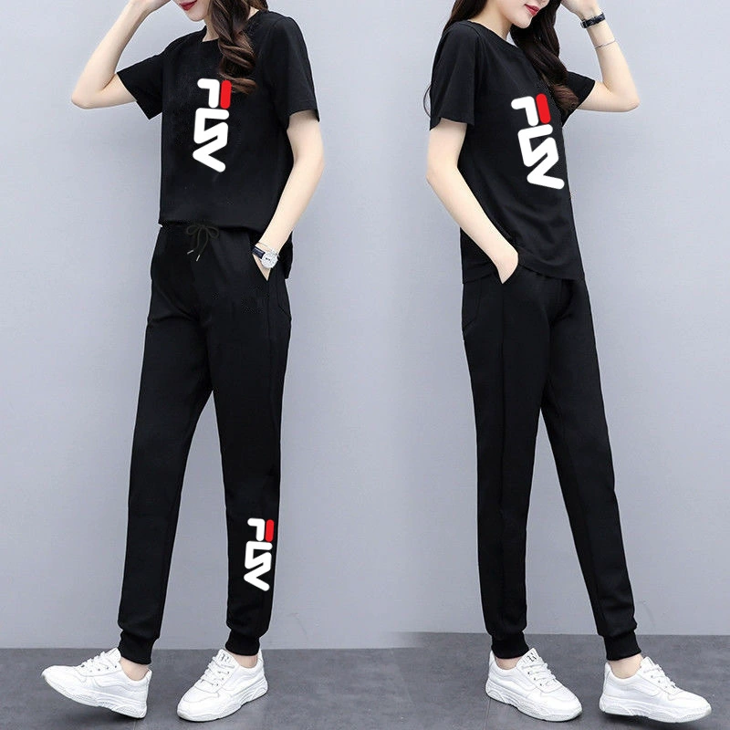 Повседневный спортивный костюм Женская корейская версия тонкого большого размера с принтом весной новый модный свободный свиток из двух частей