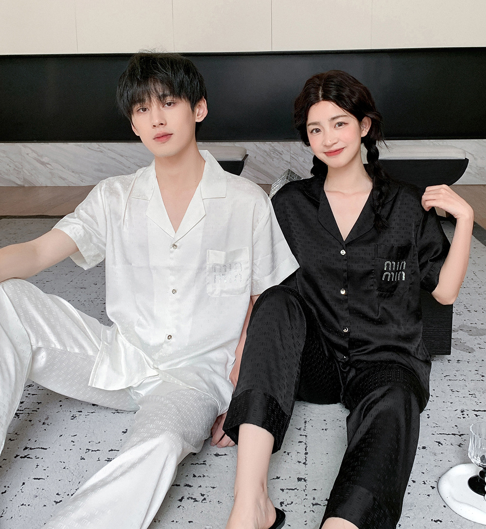 Luxuriöser Eis-seide Partner Pyjama Satin Jacquard Hausanzug_voghion.com
