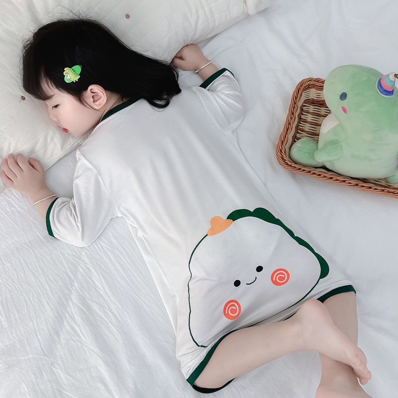 Girls' one-piece sleepwear summer short sleeve little girl nightgown baby children anti-kick blanket air conditioner integrated home clothes