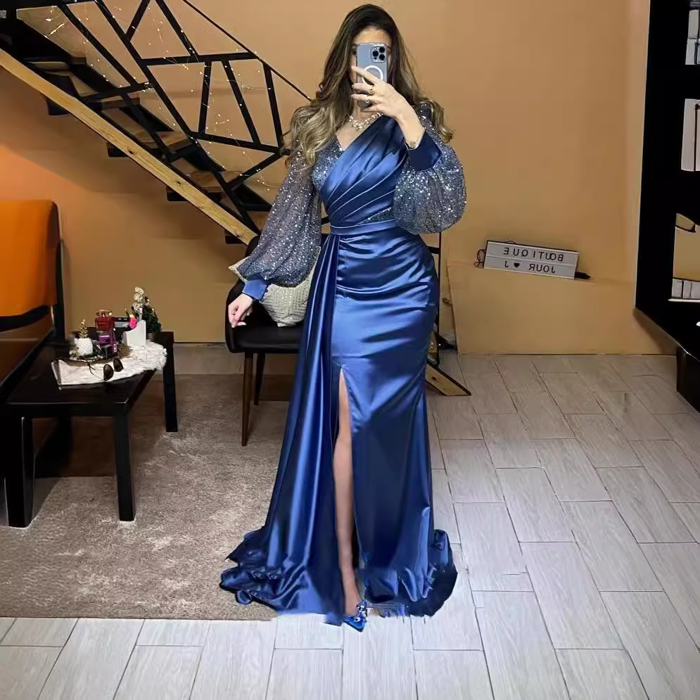 Women's Clothing E Commerce Celebrity Cocktail Party Dinner Dress Fashionable Front Slit Puff Sleeve Dress Performance Chorus Dress Female_voghion.com