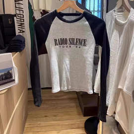 Brandy BM新款美式圆领插肩长袖T恤bm复古百搭修身显瘦打底衫上衣