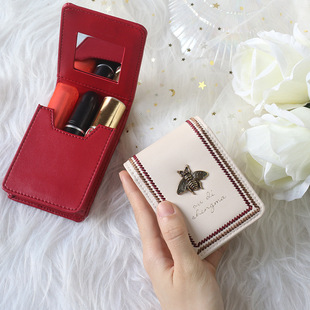 Mouth Red Envelope Mini with Mirror Portable Top Layer Cowhide Cosmetic Bag Lipstick Box Small Fragrant Style Storage Box Soft Japanese and Korean Style
