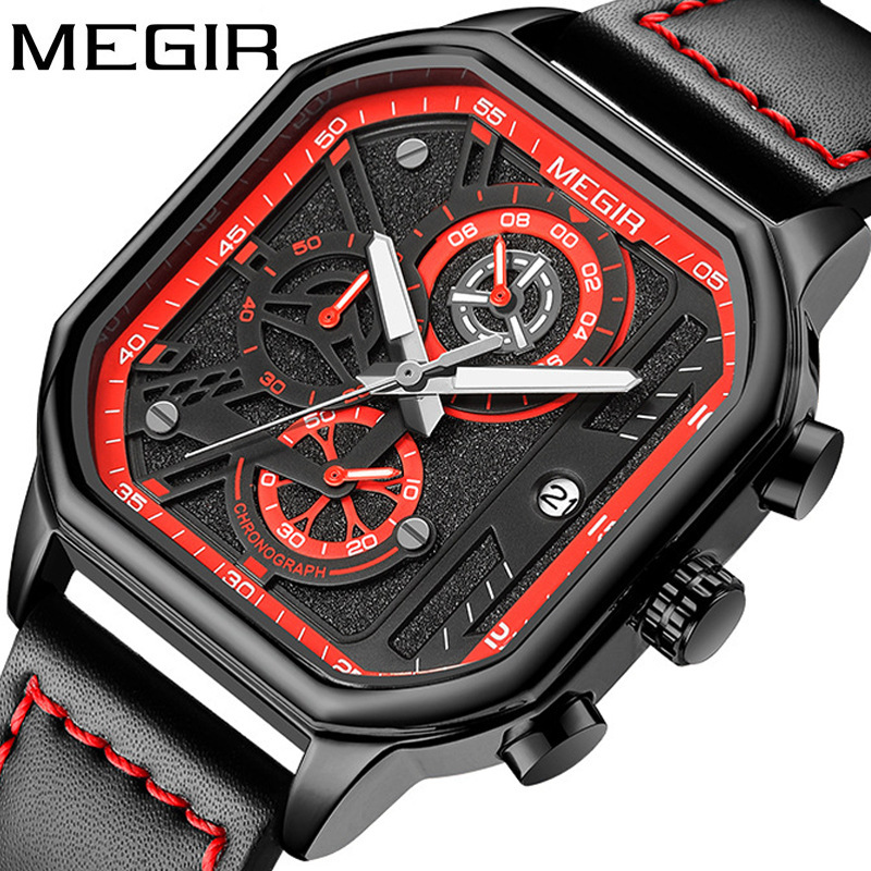 Men's Square Watch Trendy Multifunctional Chronograph Quartz Genuine Leather Watch_voghion.com