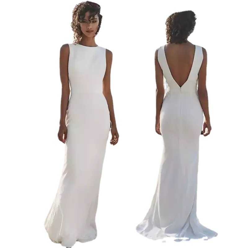 Amazon europeo y americano playa vestido de novia V espalda suave satén trapear barato vestido largo sirena vestido nupcial vestíbulo