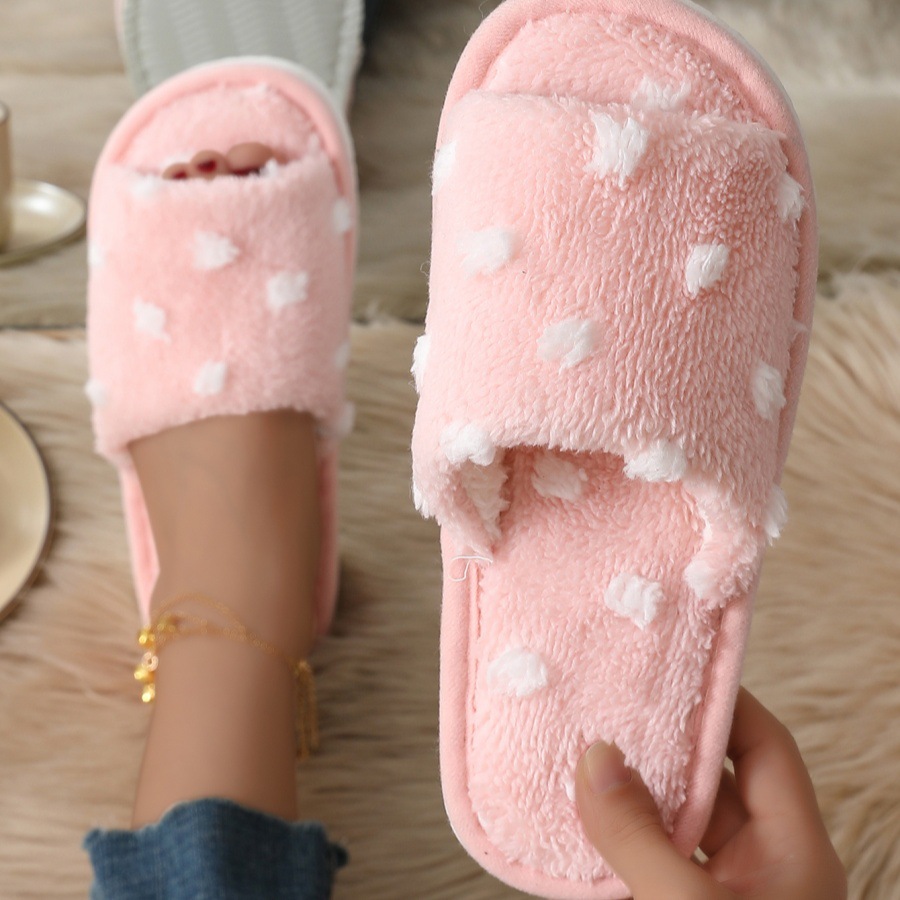 Zapatillas de algodón con punta abierta cruzada y lunares para mujer, pantuflas de suela blanda silenciosas antideslizantes con apertura para el hogar para interiores