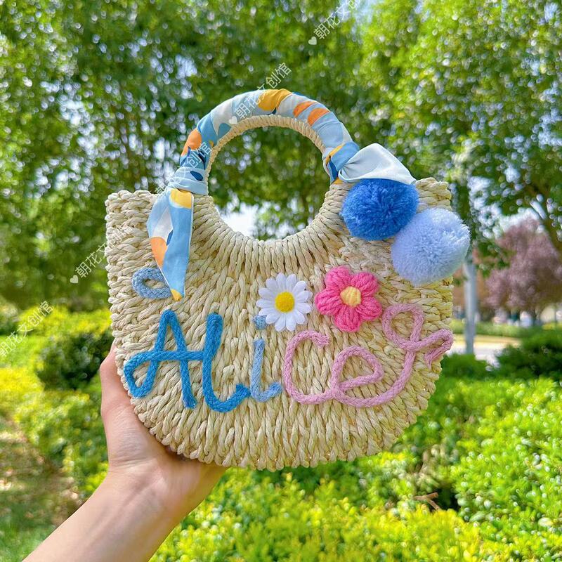 母の日毛玉レターストローバッグ DIY 素材バッグハンドバッグ夏休み織バッグ女性の花バッグ|undefined