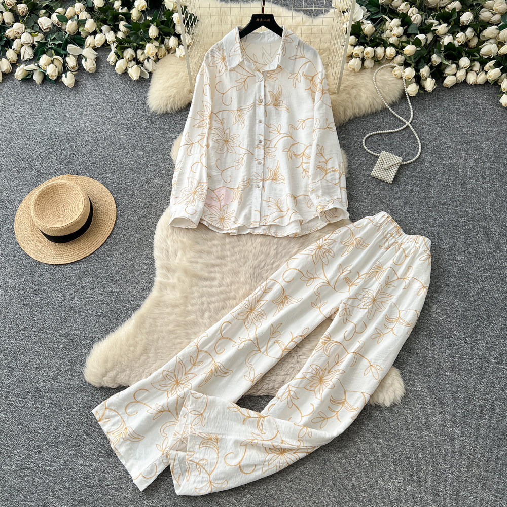 Women's Leaf Embroidery Two Piece Set Cardigan And Wide Leg Pants Slimming Versatile Autumn 2026 Commuting Clothing_ecoleips.com