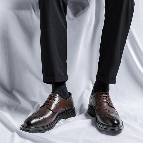  Men's Black Business Formal Leather Shoes Men's Thick Soled Casual British Style Groom's Wedding Shoes 6151-R