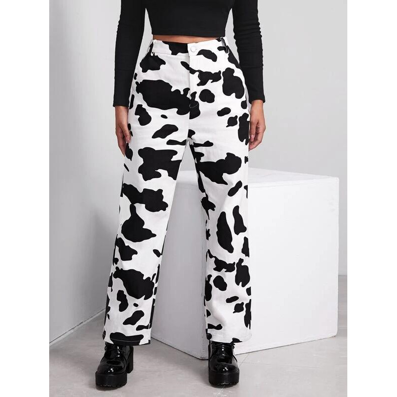 2023 Spring and Autumn European and American Street Women's Dairy Print High Waist Casual Personalized Print Loose Straight Jeans